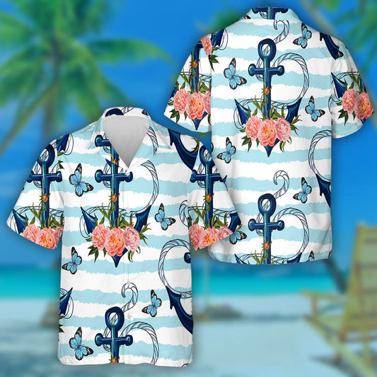 Theme Sea Anchor Peonies And Butterflies Hawaiian Shirt,Hawaiian Shirt Gift, Christmas Gift