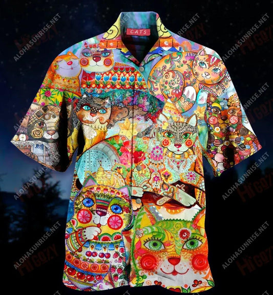 Cute Colorful Cats Short Short Sleeve Shirt Ocean Tropical Shirts Vintage Hawaiian Shirts Hawaiian Shirt Pattern, Hwaiian For Gift