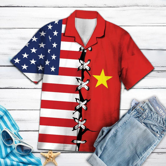 Vietnam And American Flag Mixed Hawaiian Shirt, Hwaiian For Gift