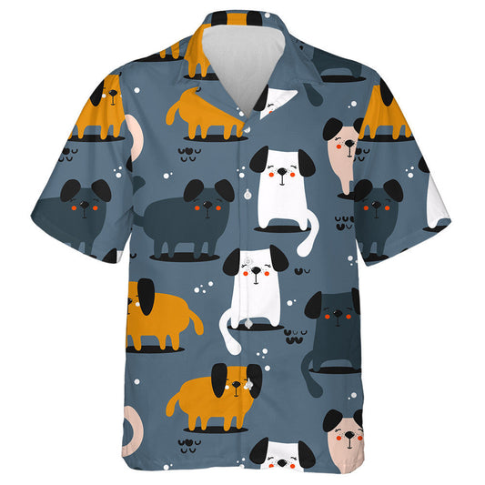 Happy Dogs On Blue Grey Colorful Hawaiian Shirt, Hawaiian For Gift
