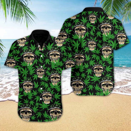 Cool Skull And Weed Design Hawaiian Shirt,Hawaiian Shirt Gift, Christmas Gift