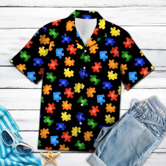 Colorful Autism Puzzle In Black Design Hawaiian Shirt, Hawaiian For Gift