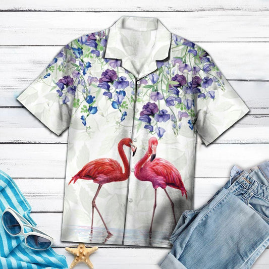Flamingo Couple Love Flower Garden Pattern Hawaiian Shirt, Hawaiian Shirt Gift, Christmas Gift
