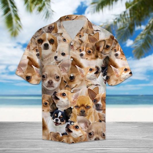 Tricolor Cute Chihuahua Awesome Meme Face Pattern Hawaiian Shirt, Hawaiian Shirt Gift, Christmas Gift