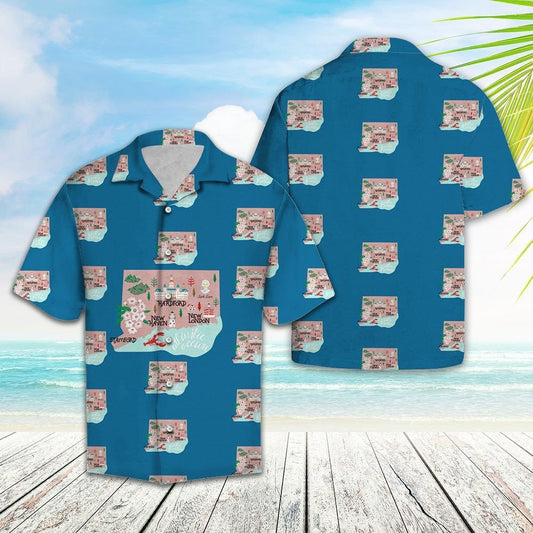 Awesome Connecticut Beach Map On Blue Pattern Hawaiian Shirt, Hawaiian Shirt Gift, Christmas Gift