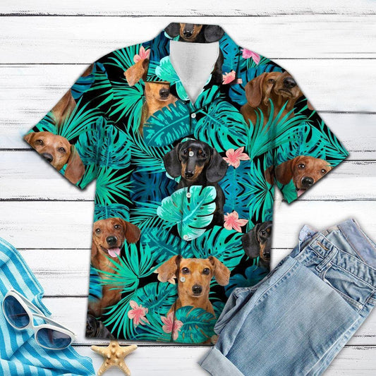 Head Of Dachshund Tropical Jungle Design Hawaiian Shirt, Hawaiian For Gift