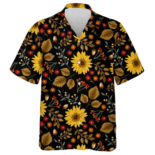 Autumn Sunflowers With Black Background Pattern Hawaiian Shirt, Hawaiian For Gift