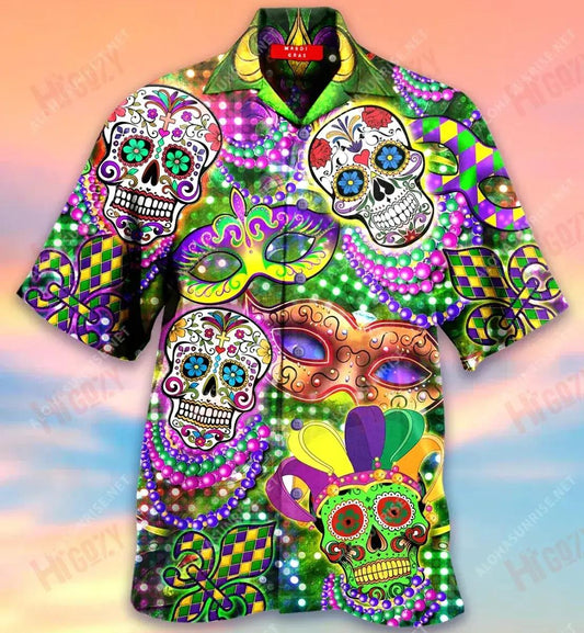 Skulls Mardi Gras Léine Gearr Haváís Samhraidh Aloha Shirt Léine Oirbheartaíochta Haváís Patrún Léine Haváís, Bronntanas Léine Haváís, Bronntanas Nollag