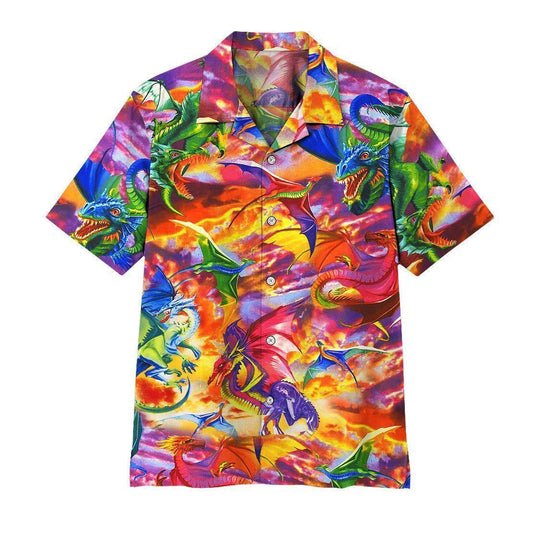 Colorful Dragon And Leaves 3D Pattern Hawaiian Shirt, Hawaiian For Gift