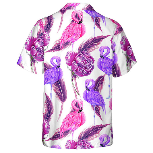Beautiful Flamingo WIth Purple Flowers Peony Feathers Hawaiian Shirt, Hawaiian Shirt Gift, Christmas Gift