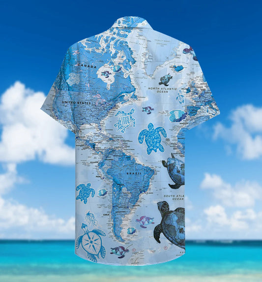 Tutle Map Blue And White Design Hawaiian Shirt, Hawaiian For Gift