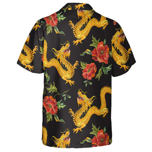 Embroidery With Golden Dragon And Red Poppy Hawaiian Shirt, Hawaiian Shirt Gift, Christmas Gift