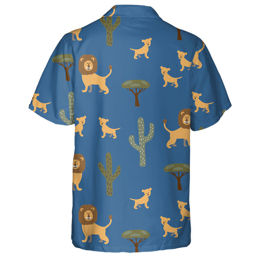 Lions Trees And Cacti On Blue Background Hawaiian Shirt, Hawaiian Shirt Gift, Christmas Gift