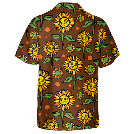 Cartoon Smiley Face Sunflowers On Brown Background Hawaiian Shirt, Hawaiian Shirt Gift, Christmas Gift