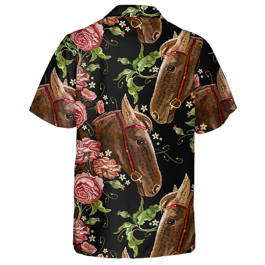 Embroidery Horse Head And Wild Roses Hawaiian Shirt,Hawaiian Shirt Gift, Christmas Gift