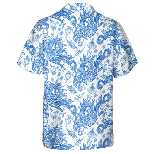 Chinese Traditional Blue Dragons And Lotus Flowers Hawaiian Shirt, Hawaiian Shirt Gift, Christmas Gift