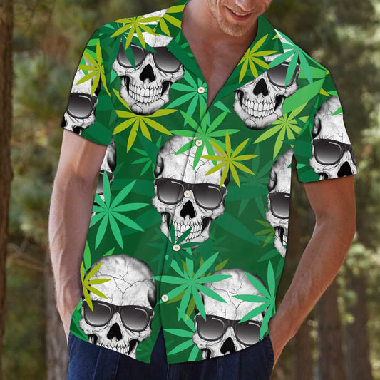 Green And Lime Weed Leaves With Skull Hawaiian Shirt, Hawaiian Shirt Gift, Christmas Gift