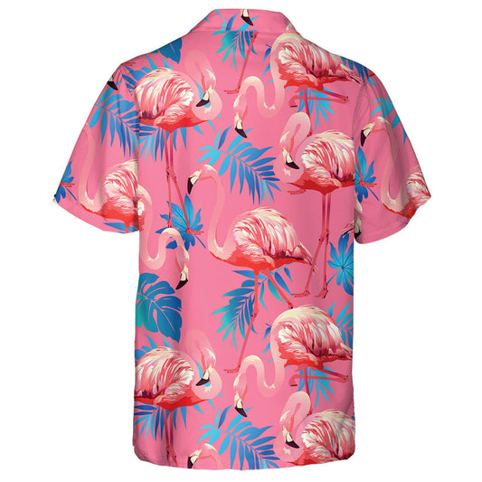 Pink Flamingo With Blue Aralia And Areca Leaves Hawaiian Shirt, Hawaiian Shirt Gift, Christmas Gift