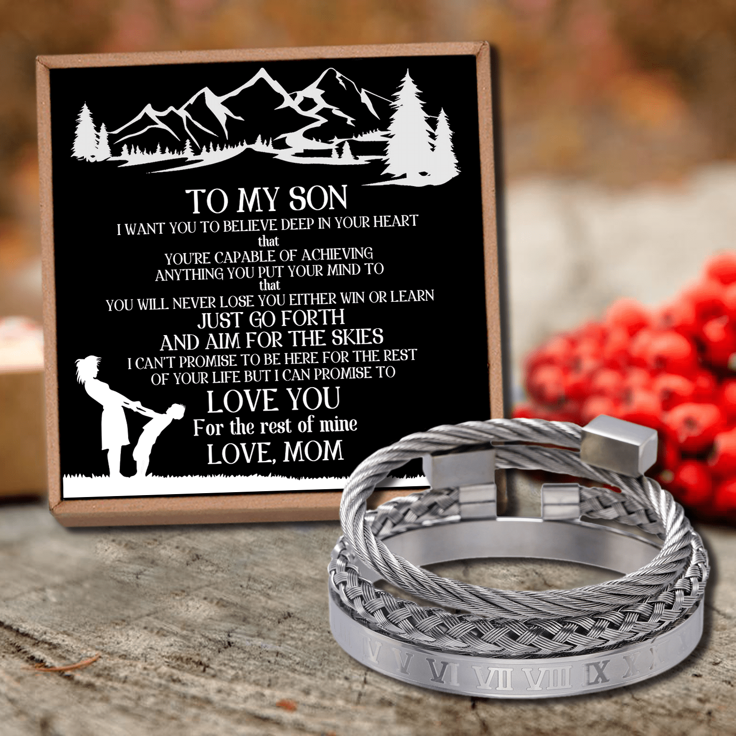 Mom To Son - Love You Roman Numeral Bangle Weave Bracelets Set