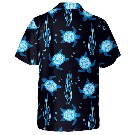 Neon Blue Turtles And Seaweeds On Black Hawaiian Shirt, Hawaiian Shirt Gift, Christmas Gift