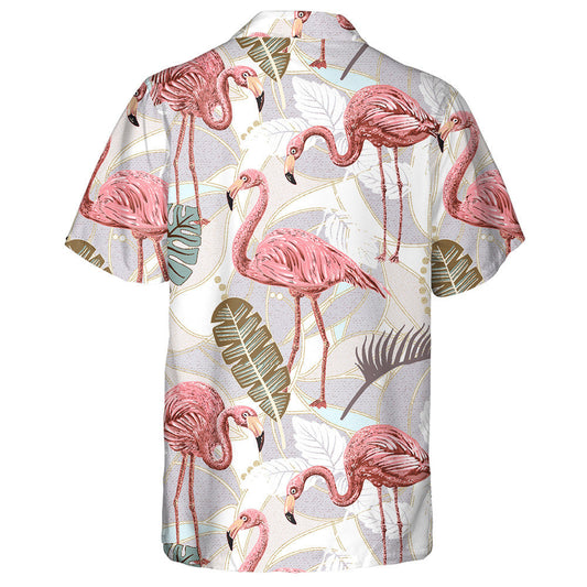 Retro Background With Pink Flamingo And Tropical Leaves Hawaiian Shirt, Hawaiian Shirt Gift, Christmas Gift