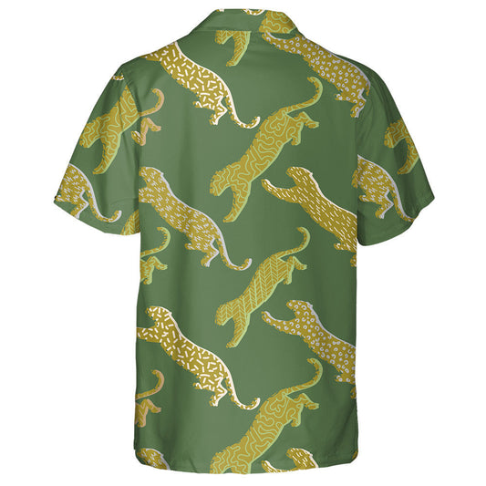 Jumping Leopard Silhouettes Background In Geometric Style Hawaiian Shirt, Hawaiian Shirt Gift, Christmas Gift