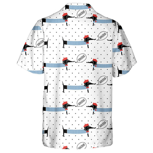 Stíl na Fraince Dachshund Ag rá Bonjour Ar Léine Haváís Polca Poncanna, Bronntanas Léine Haváíais, Bronntanas Nollag