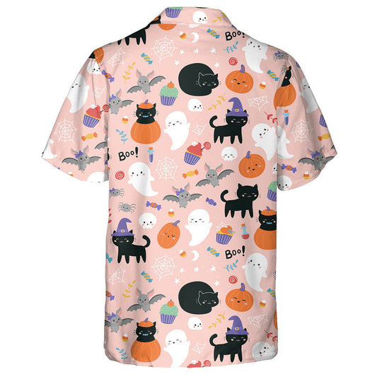 Cute Cartoon Black Cats Pumpkin And Ghosts Hawaiian Shirt, Hawaiian Shirt Gift, Christmas Gift