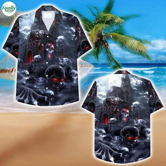 Skull Dark Castle Horror Scene Hawaiian Shirt,Hawaiian Shirt Gift, Christmas Gift