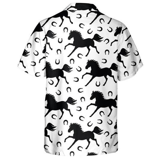 Black Galloping Horses And Horseshoes On White Hawaiian Shirt, Hawaiian Shirt Gift, Christmas Gift