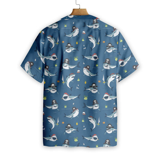 Shark Pirates On Blue Background Design Hawaiian Shirt,Hawaiian Shirt Gift, Christmas Gift