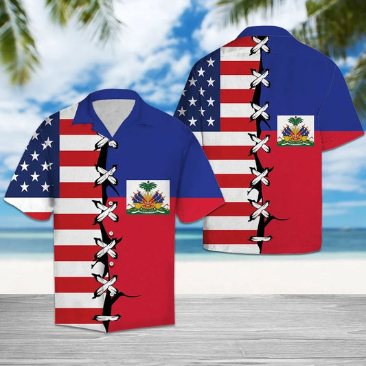 Haiti Root With American Flag Hawaiian Shirt,Hawaiian Shirt Gift, Christmas Gift