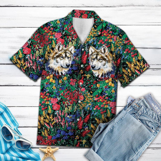 Wolf In Vivid Flower Field Hawaiian Shirt, Hwaiian For Gift