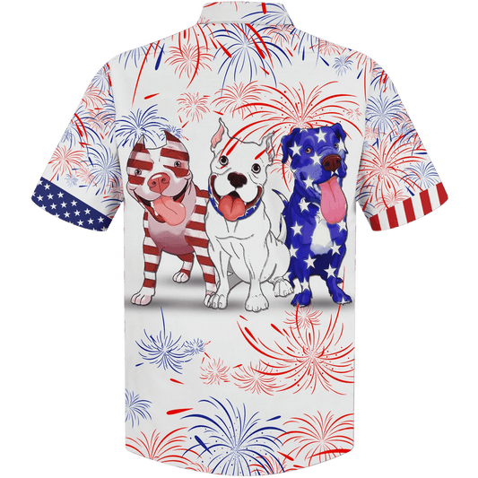 Cute Pitbull Pattern Red And Blue Firework Hawaiian Shirt, Hawaiian Shirt Gift, Christmas Gift