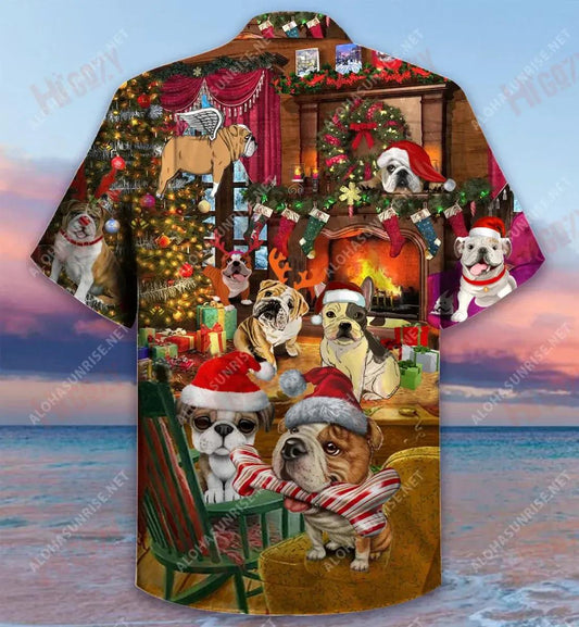 Christmas With Bulldog Short Short Sleeve Shirt Summer Aloha Shirt Tactical Hawaiian Shirt Funny Hawaiian Shirts_Hawaiian Shirt Gift, Christmas Gift