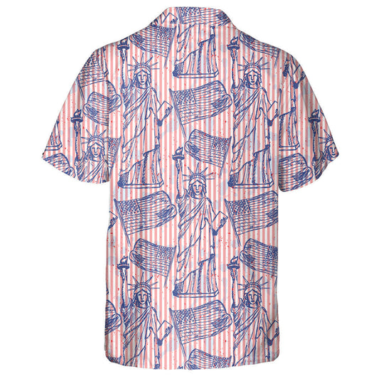 Vintage Blue Outline Sketch Statue Of Liberty And Flag Hawaiian Shirt, Hawaiian Shirt Gift, Christmas Gift