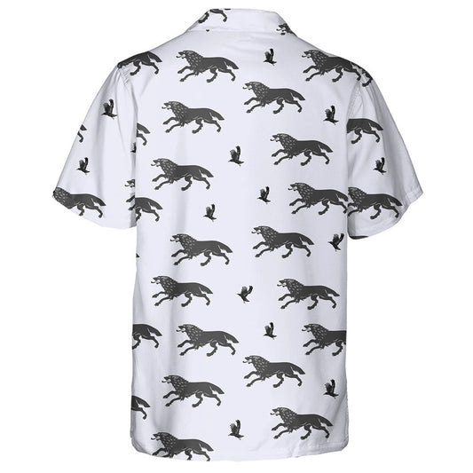 Running Wolf And Flying Crows On Grey Hawaiian Shirt, Hawaiian Shirt Gift, Christmas Gift