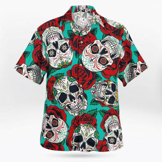 Horror Roses Skull On Mint Background Hawaiian Shirt, Hawaiian For Gift