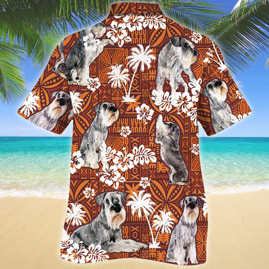 Madra Schnauzer gleoite caighdeánach ar phhatrún dearg treibhe Léine Haváís, bronntanas Léine haváíais, bronntanas Nollag