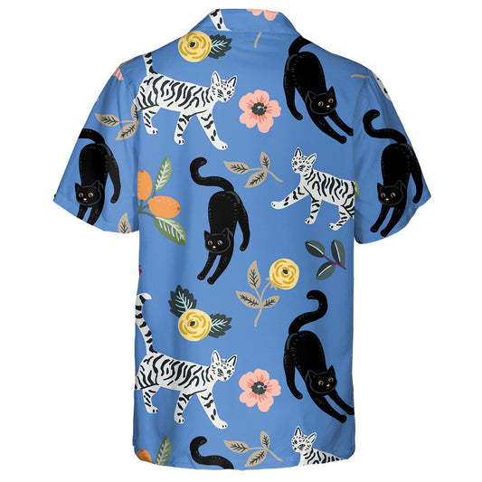 Cute Cats Ad Floral On Blue Background Hawaiian Shirt, Hawaiian Shirt Gift, Christmas Gift