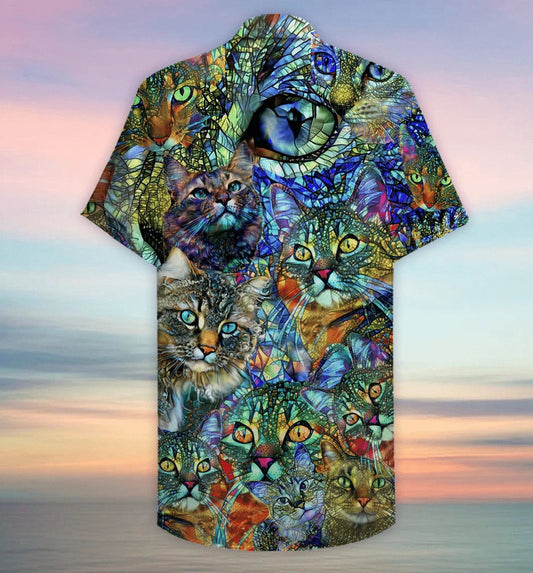 Vibrant Kaleidoscope Cat Design Hawaiian Shirt, Hwaiian For Gift