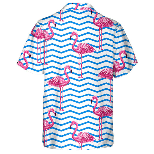 Beautifiul Flamingo Tropical On Blue Zigzag Background Hawaiian Shirt, Hawaiian Shirt Gift, Christmas Gift