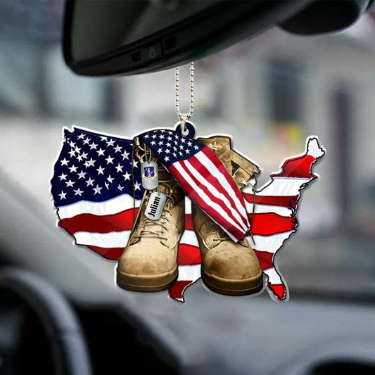 Personalized Flat Acrylic Car Hanging Ornament Militiary Branch American Flag Map Combat Boots Ornament, Christmas Decoration