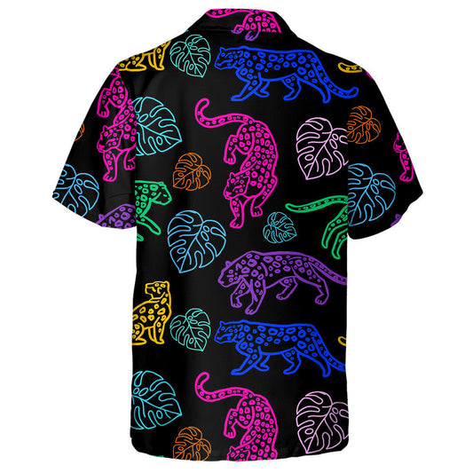 Neon Cute Leopards And Monstera Leaves Hawaiian Shirt, Hawaiian Shirt Gift, Christmas Gift