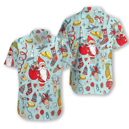 Pineapple Santa Clau Pattern Cute Gifts Blue Theme Hawaiian Shirt, Hawaiian Shirt Gift, Christmas Gift