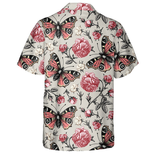 Spring Theme Blooming Roses Realistic And Butterfly Hawaiian Shirt, Hawaiian Shirt Gift, Christmas Gift