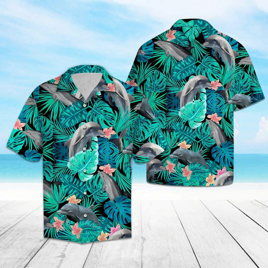 Marine Dolphin Tropical Jungle Design Hawaiian Shirt,Hawaiian Shirt Gift, Christmas Gift
