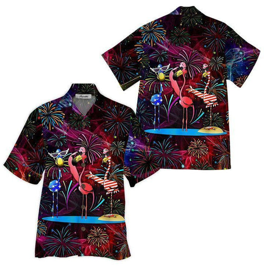 Festival Firework Flamingo America Background Hawaiian Shirt,Hawaiian Shirt Gift, Christmas Gift