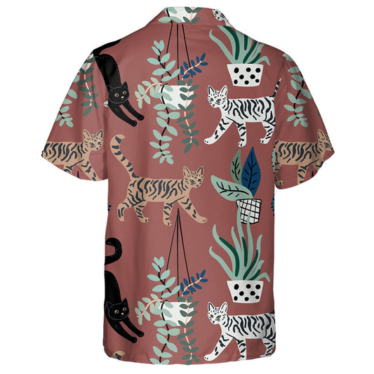 Cute Cats And House Plants On The Brown Hawaiian Shirt, Hawaiian Shirt Gift, Christmas Gift
