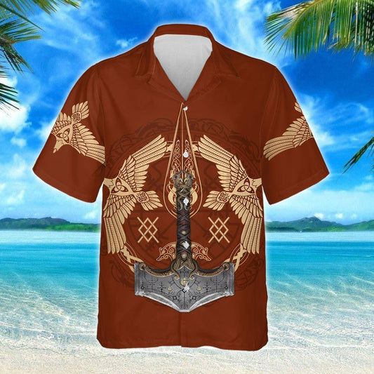 Vintage Viking Ravens Mjolnir Design Hawaiian Shirt, Hwaiian For Gift